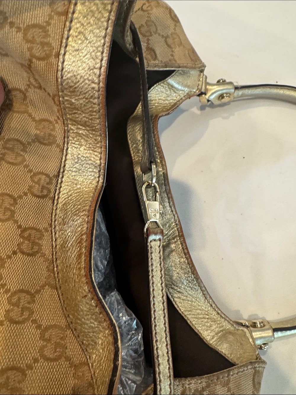 Authentic Gucci Tan GG Monogram Shoulder Bag with Metallic Trim - Picture 10 of 14